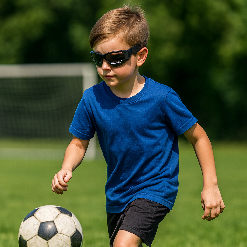 Neunjähriges Kind beim Fußballtraining mit Dribbelbrille, dribbelt einen Ball und schaut nach vorne.