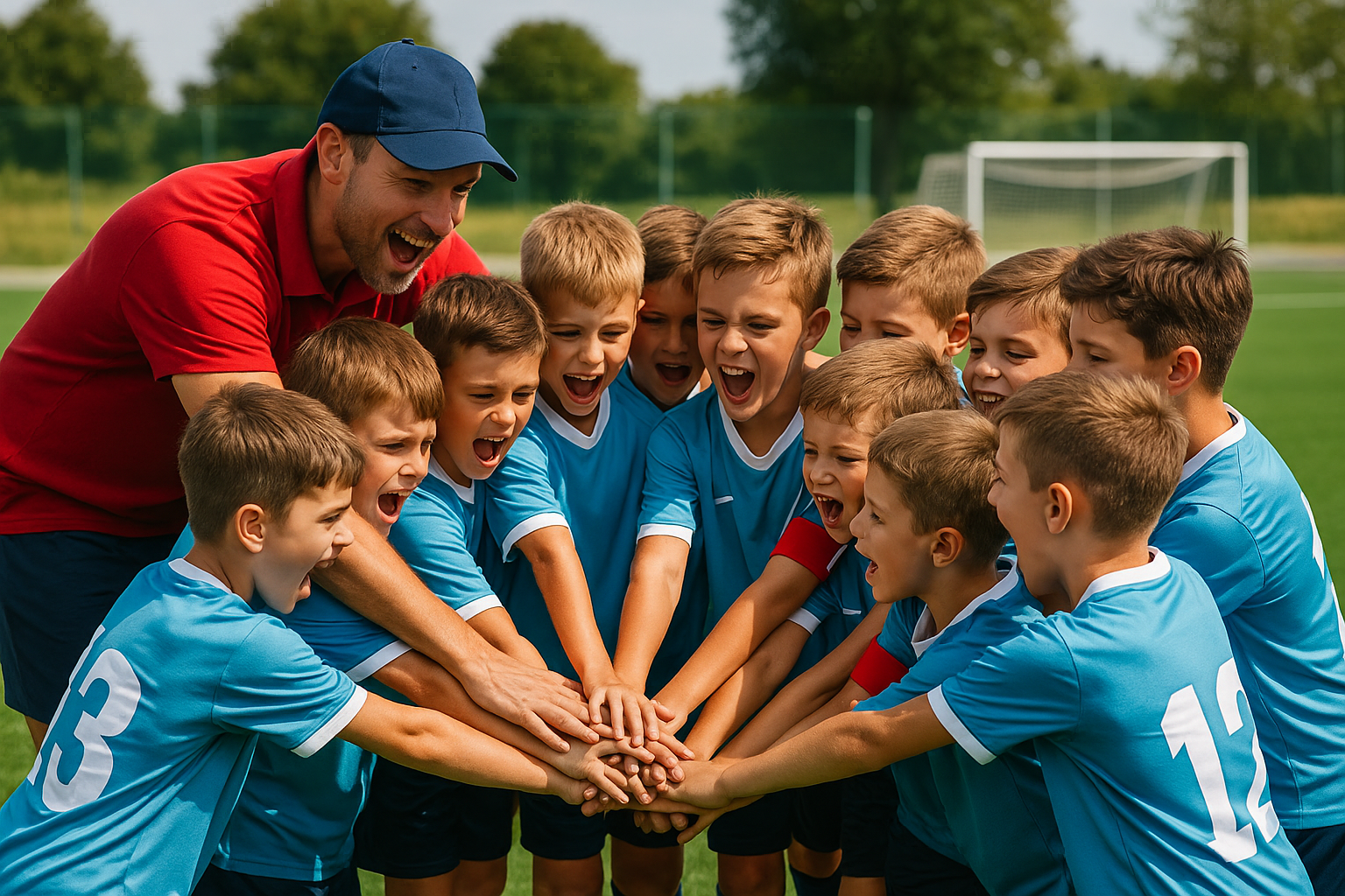 Ein Kinderfußball-Team mit etwa zwölf Jungen im Alter von neun Jahren steht eng im Kreis auf dem Spielfeld. Der Trainer in rotem Shirt und blauer Kappe beugt sich dazu, alle legen die Hände übereinander und rufen ihren Teamgruß.