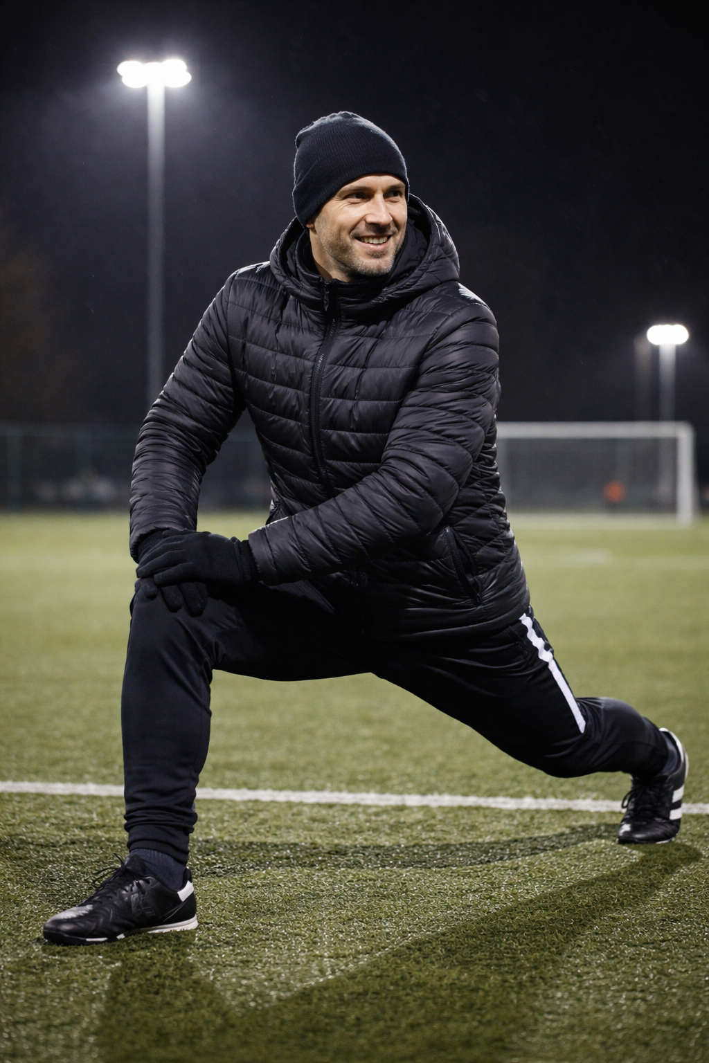 Trainer macht Ausfallschritt Dehnung auf Fußballplatz bei Kälte, nachts unter Flutlicht mit Jacke, Mütze und Handschuhen.