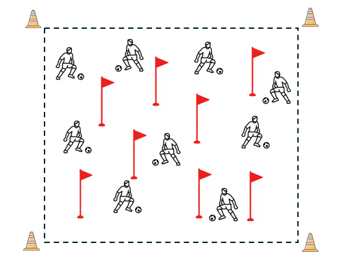 Kinder dribbeln durch einen Slalom-Parcours aus Stangen