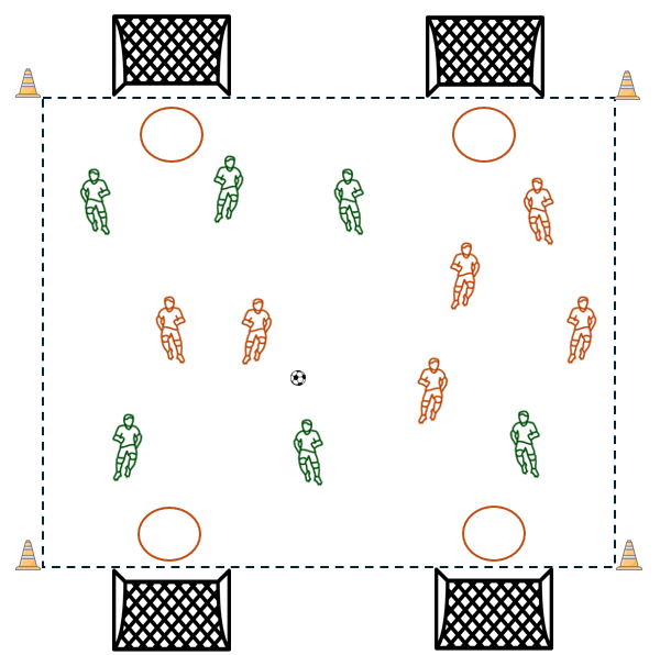 Kinder kicken einen Fußball auf einem Spielfeld mit Minitoren und Reifen als Hindernisse.